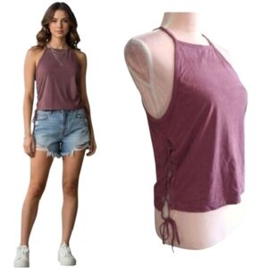 AEO Mauve Suede High Neck Lace Up Sides Crop Boho Tank Top Large